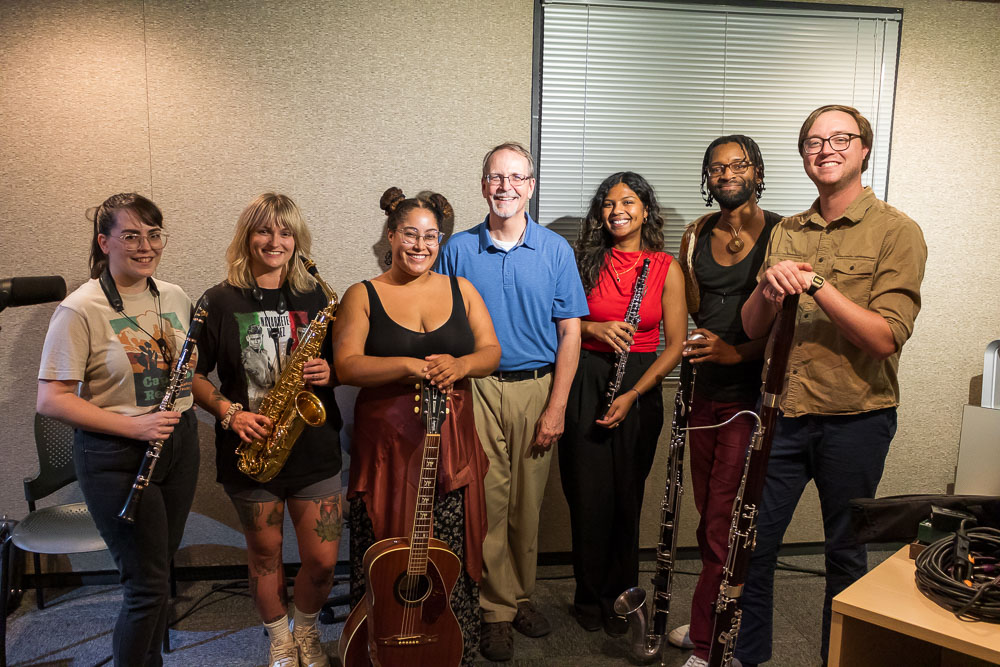 The Driftwood Quintet with host Greg Kostraba in the KBACH studios.